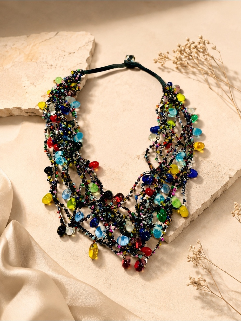 Vintage multi-strand colourful Glass Beads hand knitted string Necklace
